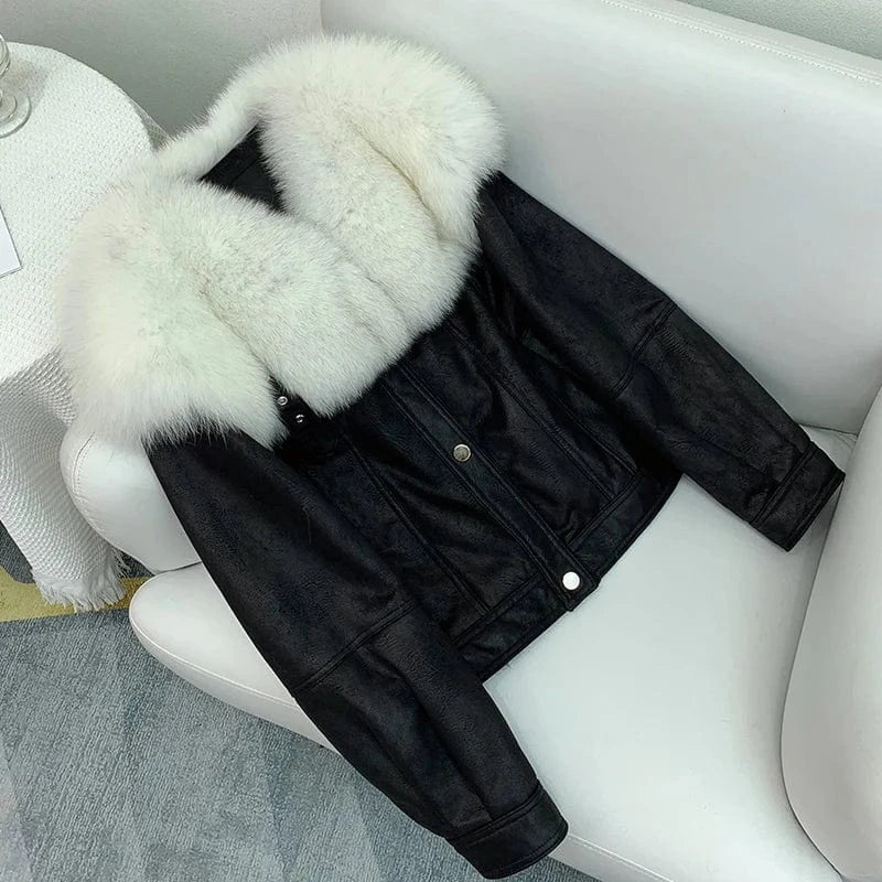 Women's Real Rabbit Fur Short Coats Female Girl Fox Fur Collar Warm Jacket Luxury Winter Overcoat JT3262