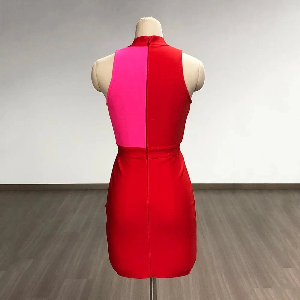 Women's Red Sexy Elegant sleeveless Hollow Out Mix Color Bandage Evening Dresses