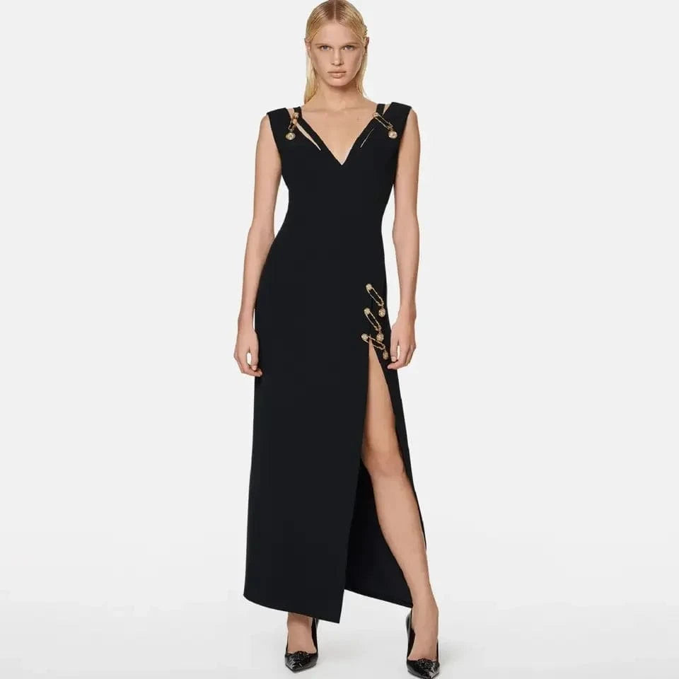 Women's Sexy Backless Elegant Metal Buckle Sequin Maxi Formal Bandage Cocktail  Dresses