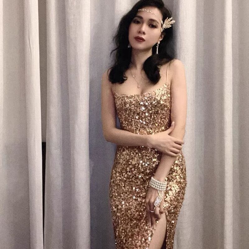 women's sexy fashion backless hanging women dress neck and buttock evening dress Sequin