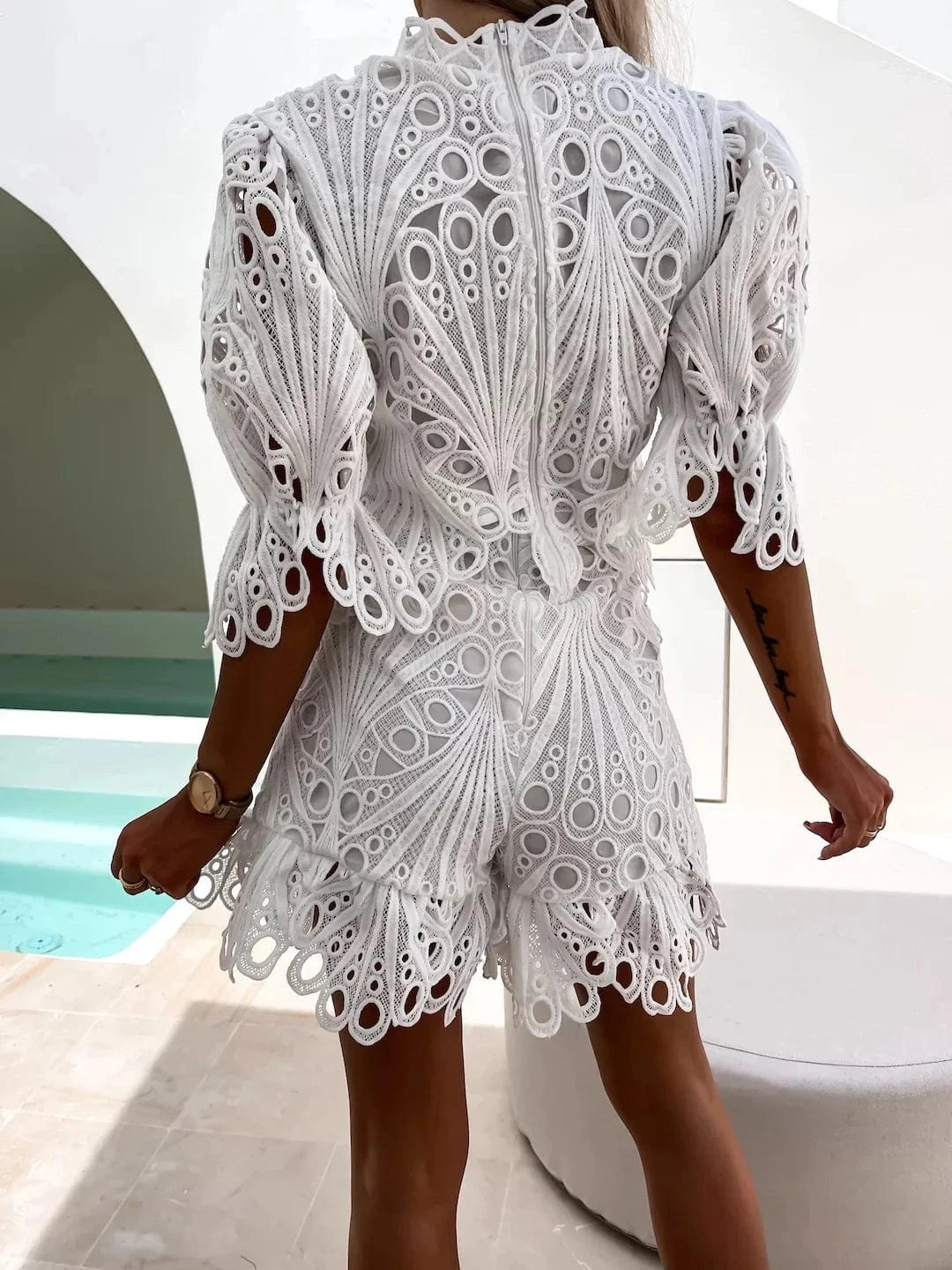 Women's Sexy Lace Hollow Out Crop Top and Ruffles Shorts Set Female Solid Slim Short Sleeve Blouse