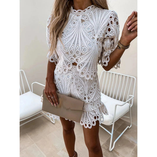 Women's Sexy Lace Hollow Out Crop Top and Ruffles Shorts Set Female Solid Slim Short Sleeve Blouse