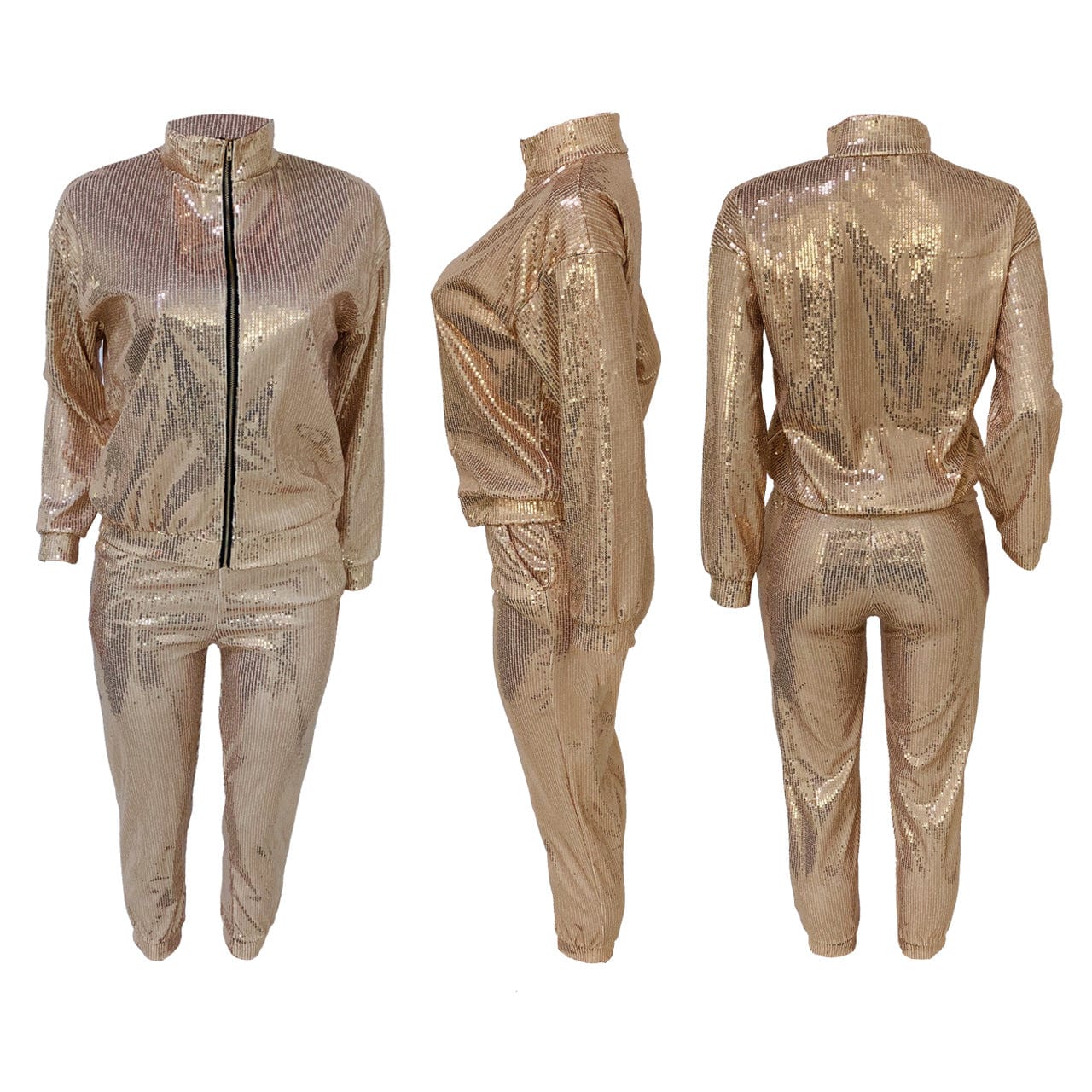Women's Sexy Sequin Two Piece Outfits Glitter Jacket Pant Bodycon Jogger Tracksuit Clubwear Set