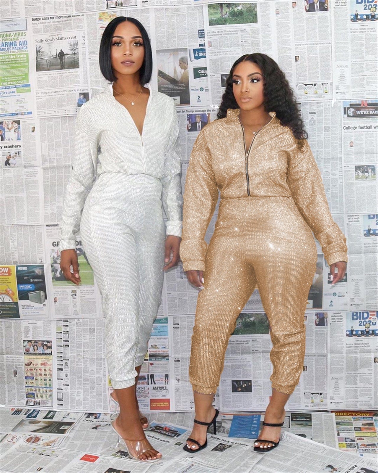 Women's Sexy Sequin Two Piece Outfits Glitter Jacket Pant Bodycon Jogger Tracksuit Clubwear Set