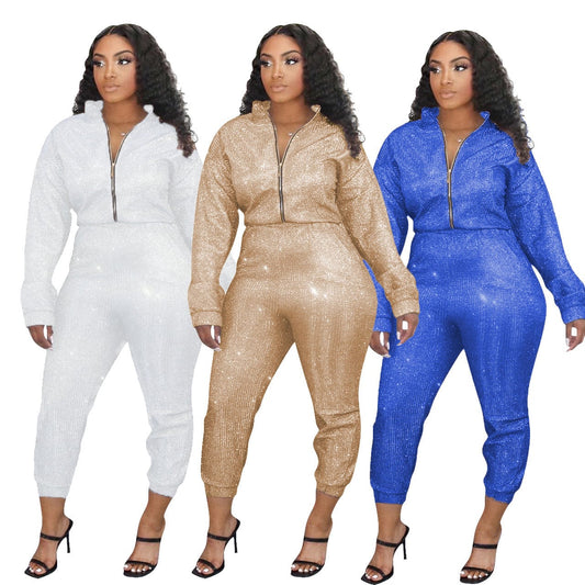 Women's Sexy Sequin Two Piece Outfits Glitter Jacket Pant Bodycon Jogger Tracksuit Clubwear Set