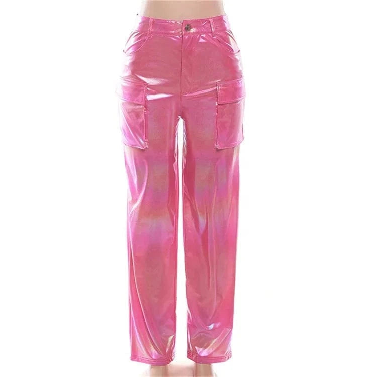 Women's Shiny Patchwork Hip Hop Pants Women Casual Straight Pocket Leg Trousers Ladies Bottoms