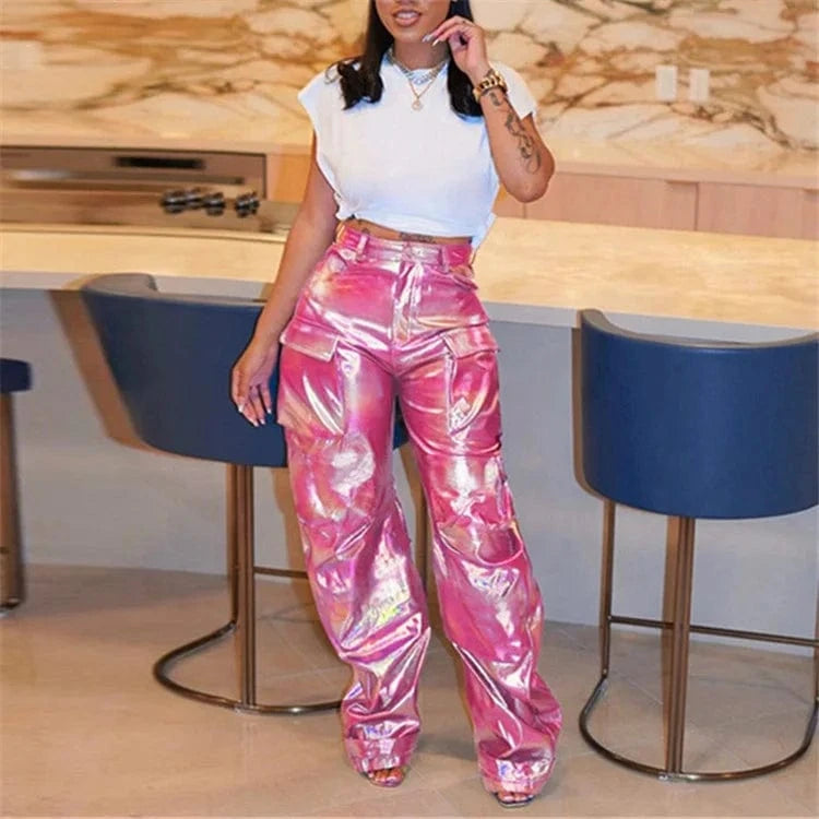 Women's Shiny Patchwork Hip Hop Pants Women Casual Straight Pocket Leg Trousers Ladies Bottoms