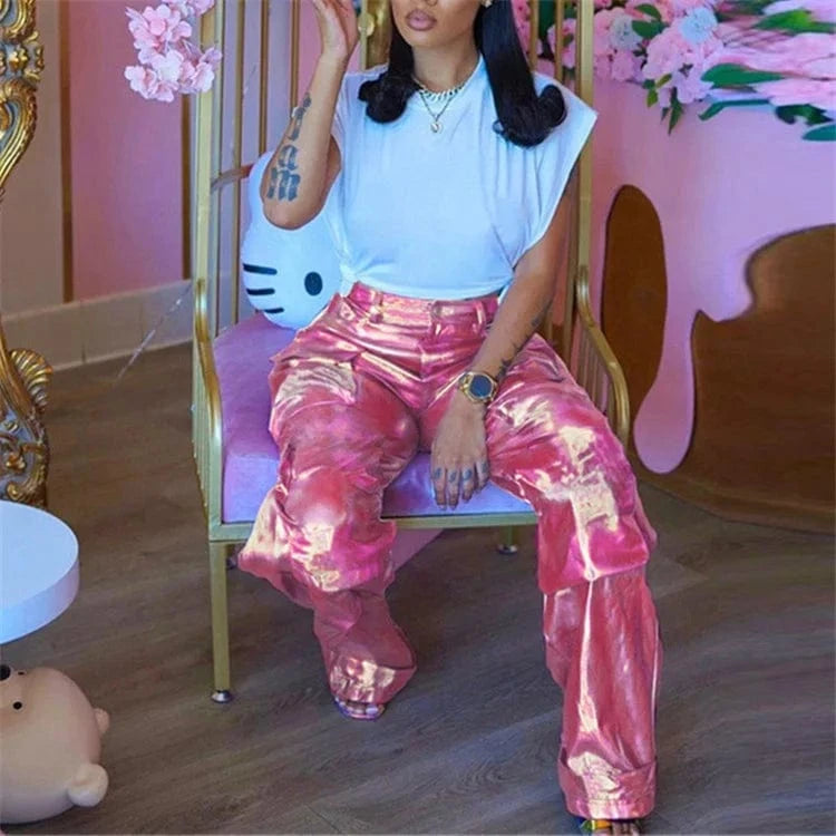 Women's Shiny Patchwork Hip Hop Pants Women Casual Straight Pocket Leg Trousers Ladies Bottoms