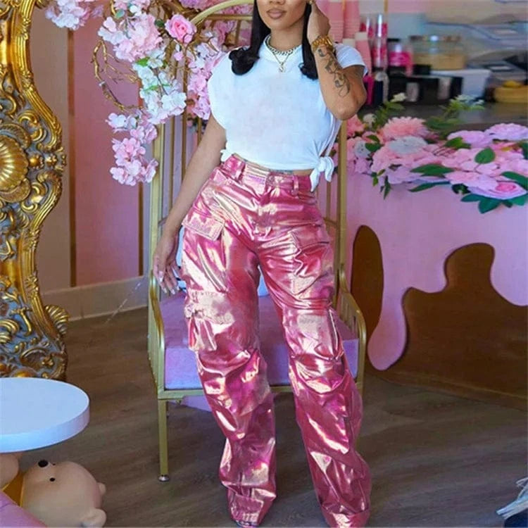 Women's Shiny Patchwork Hip Hop Pants Women Casual Straight Pocket Leg Trousers Ladies Bottoms