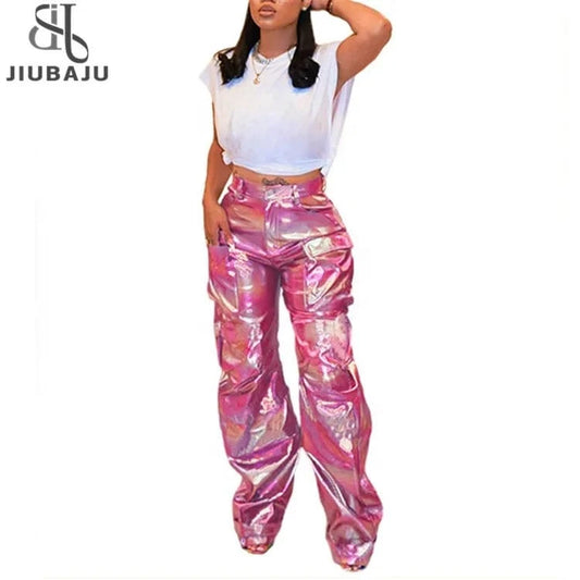 Women's Shiny Patchwork Hip Hop Pants Women Casual Straight Pocket Leg Trousers Ladies Bottoms