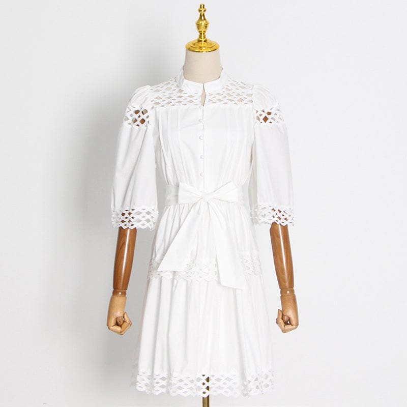 Women's Skirt 2022 New Vestidos Casuales Hollow Stitching Stand-up Collar Short Sleeve Mid-length A-line Dress