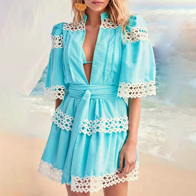 Women's Skirt 2022 New Vestidos Casuales Hollow Stitching Stand-up Collar Short Sleeve Mid-length A-line Dress