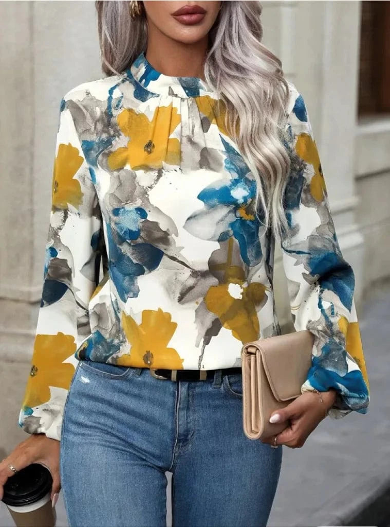 Women's Spring And Autumn New Shirt Painted Big Flower Fashion Temperament Round Neck Long Sleeve Blouse Base Women Shirt