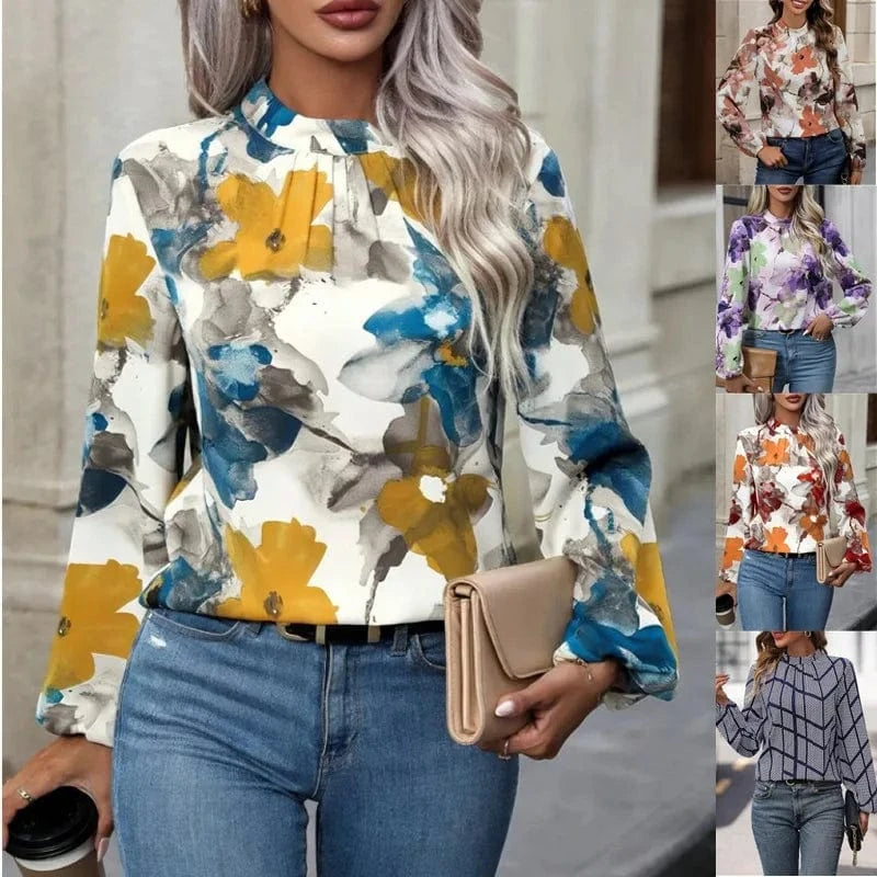 Women's Spring And Autumn New Shirt Painted Big Flower Fashion Temperament Round Neck Long Sleeve Blouse Base Women Shirt