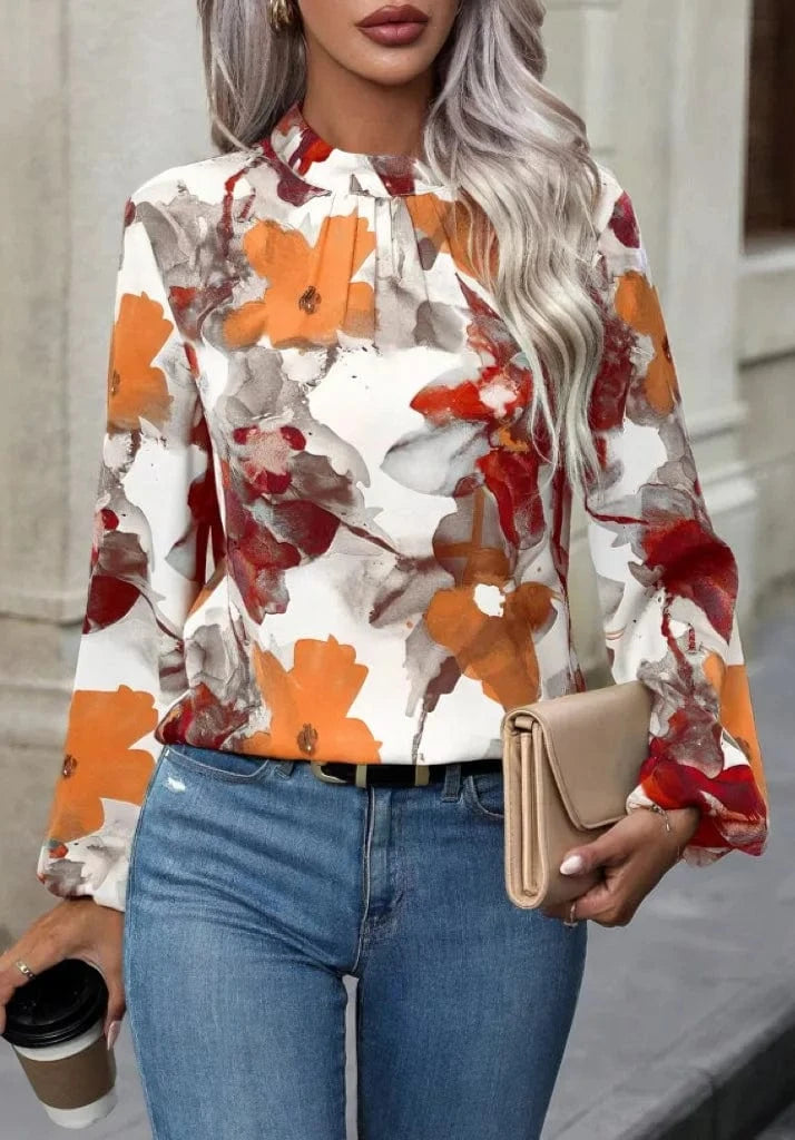 Women's Spring And Autumn New Shirt Painted Big Flower Fashion Temperament Round Neck Long Sleeve Blouse Base Women Shirt