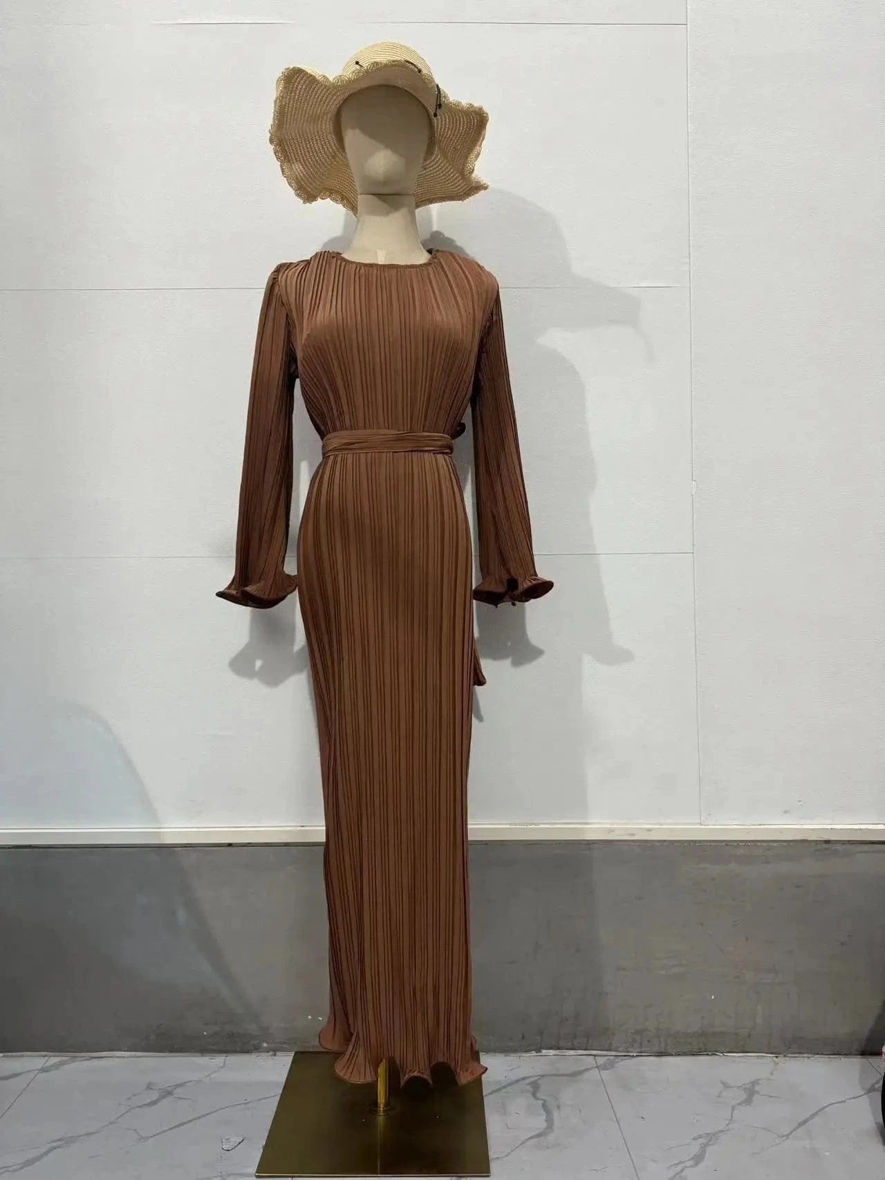 Women'S Spring And Fall New Long Pressed Pleated Flared Sleeves Long Casual Dresses