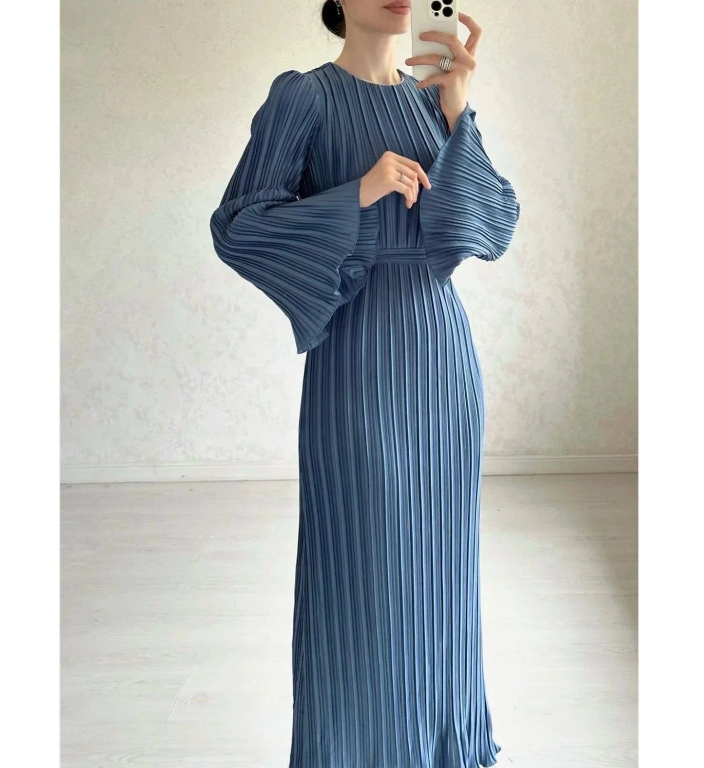 Women'S Spring And Fall New Long Pressed Pleated Flared Sleeves Long Casual Dresses