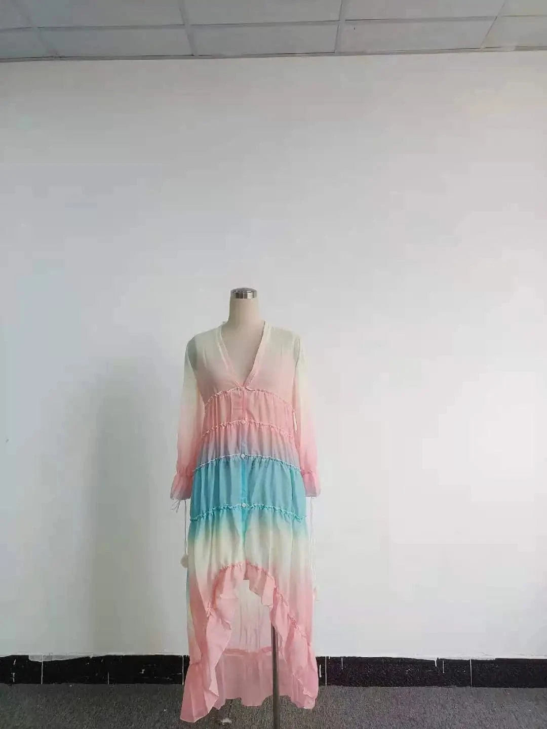 Women's Summer Bohemian Dress Patchwork Rainbow Color Party Dresses Ruffles Sweet Vestidos Printing Gradient Elegant Maxi Dress