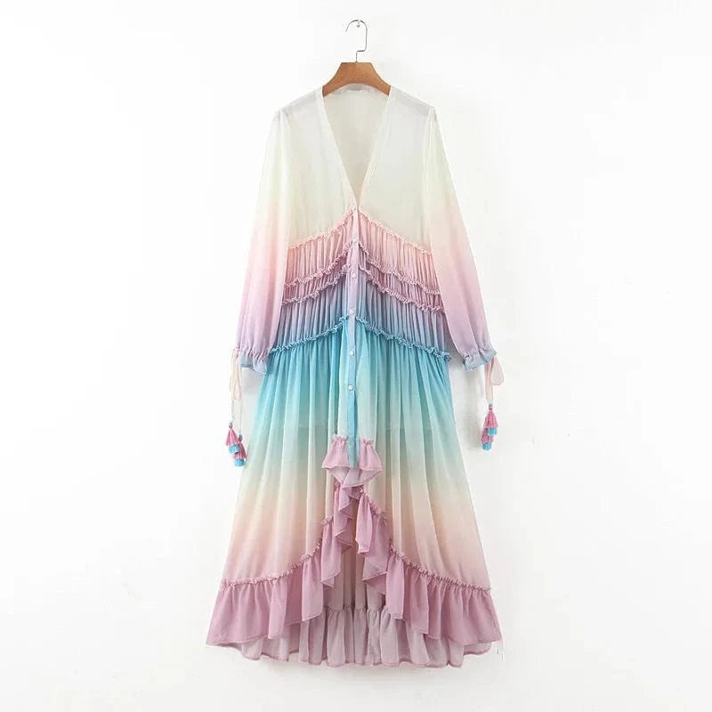 Women's Summer Bohemian Dress Patchwork Rainbow Color Party Dresses Ruffles Sweet Vestidos Printing Gradient Elegant Maxi Dress