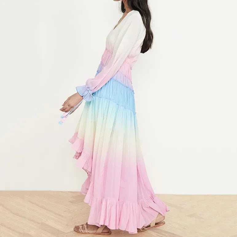 Women's Summer Bohemian Dress Patchwork Rainbow Color Party Dresses Ruffles Sweet Vestidos Printing Gradient Elegant Maxi Dress