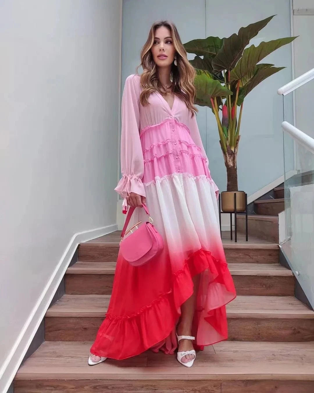 Women's Summer Bohemian Dress Patchwork Rainbow Color Party Dresses Ruffles Sweet Vestidos Printing Gradient Elegant Maxi Dress