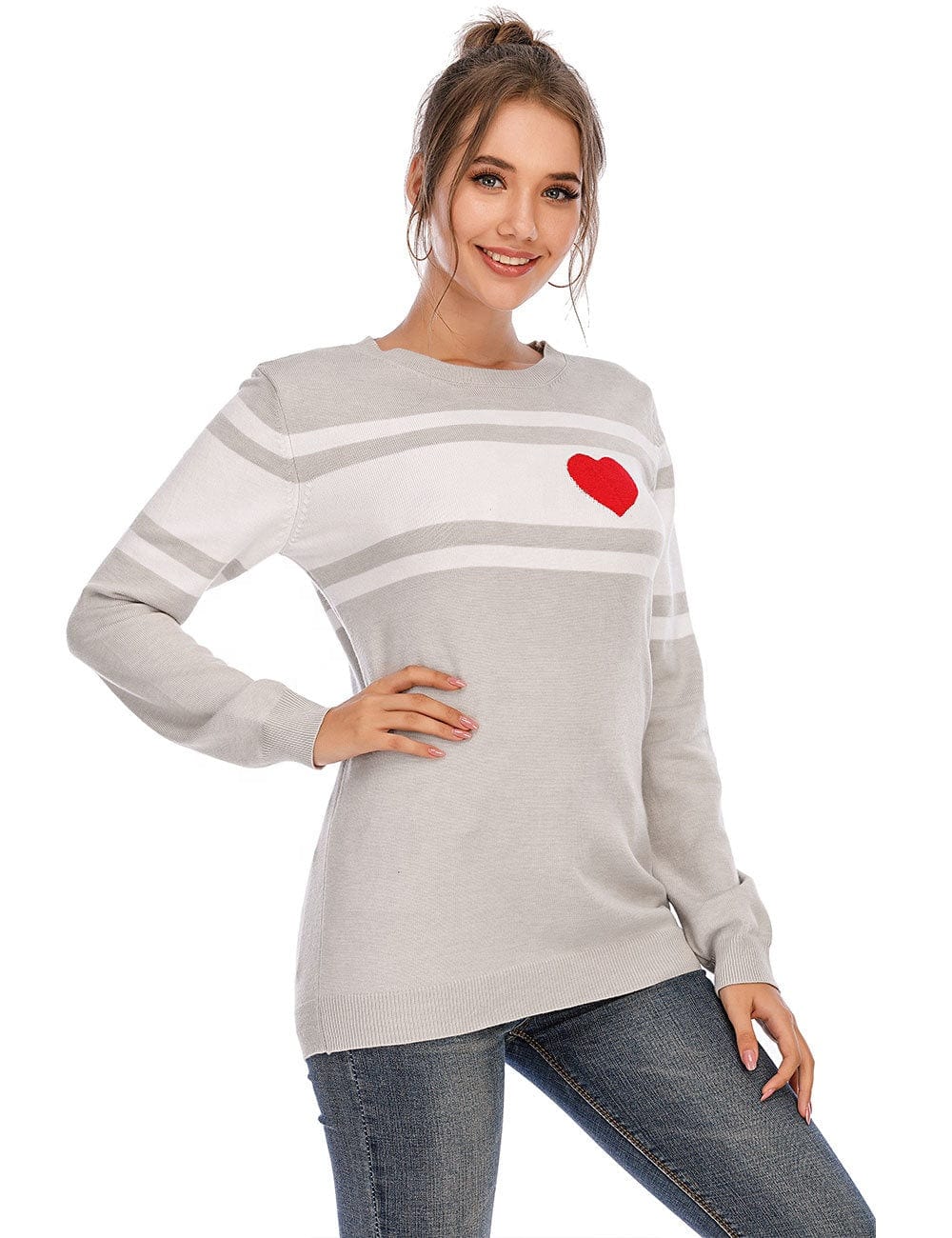 Women's Sweater Loose Large Size Base Shirt Striped Love Round Neck Pullover Needle Woven Women