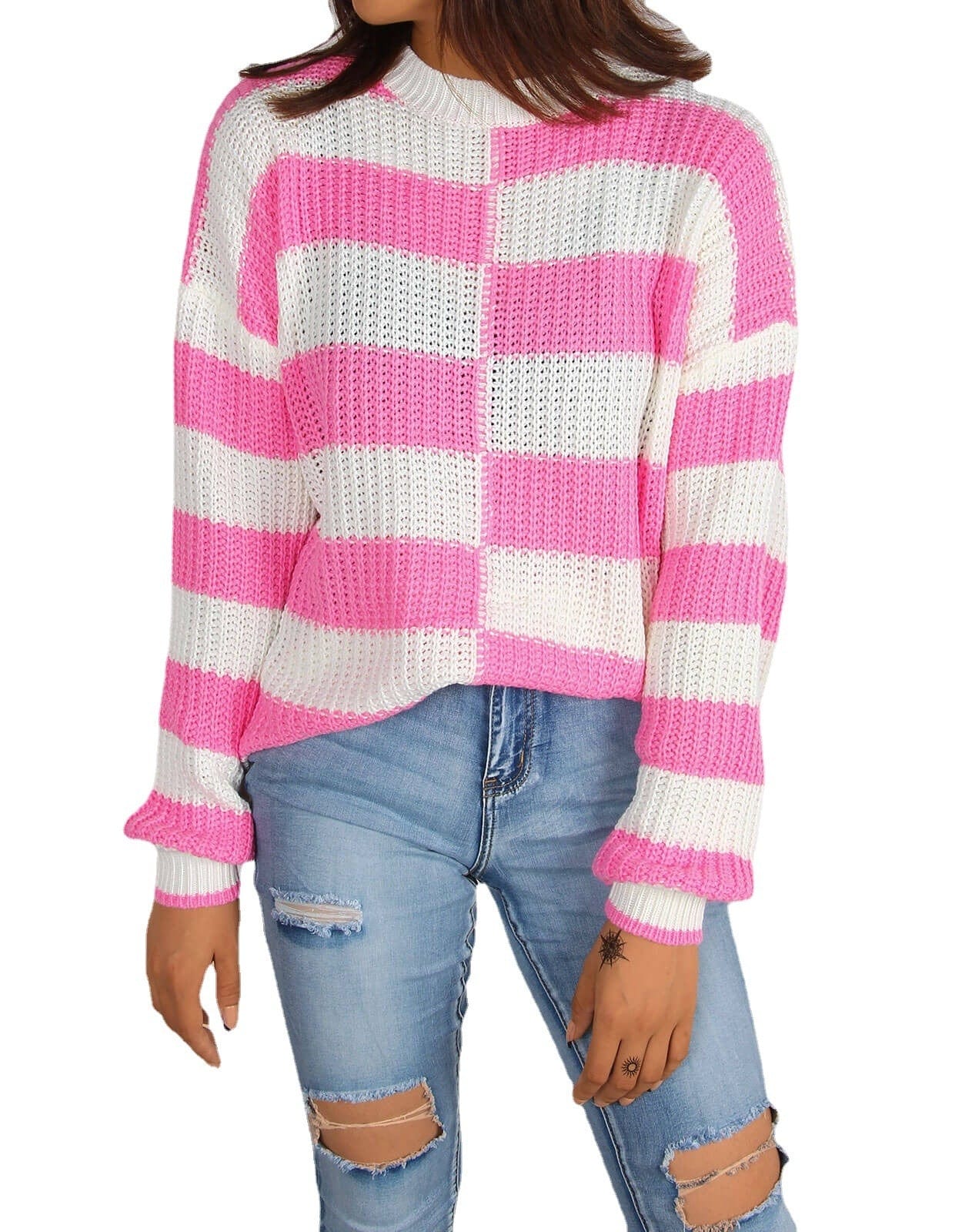 Women's Sweater Loose Long Sleeve New European American Round Neck Irregular Pullover Base Ladies Contrast Color Knitwear