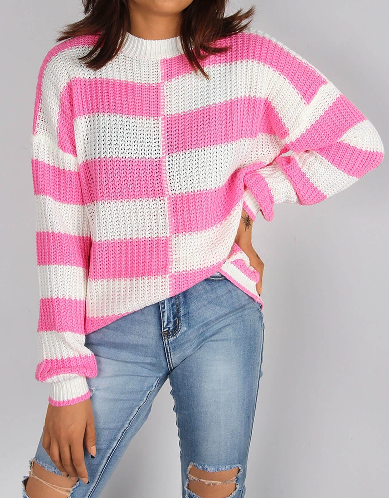 Women's Sweater Loose Long Sleeve New European American Round Neck Irregular Pullover Base Ladies Contrast Color Knitwear