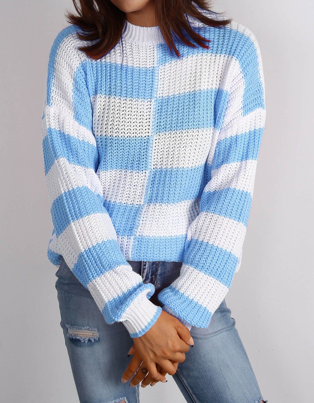 Women's Sweater Loose Long Sleeve New European American Round Neck Irregular Pullover Base Ladies Contrast Color Knitwear