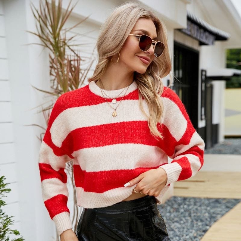 Women's Top Short Round Neck Knitwear Outer Wear Striped Contrast Color Mohair Sweater
