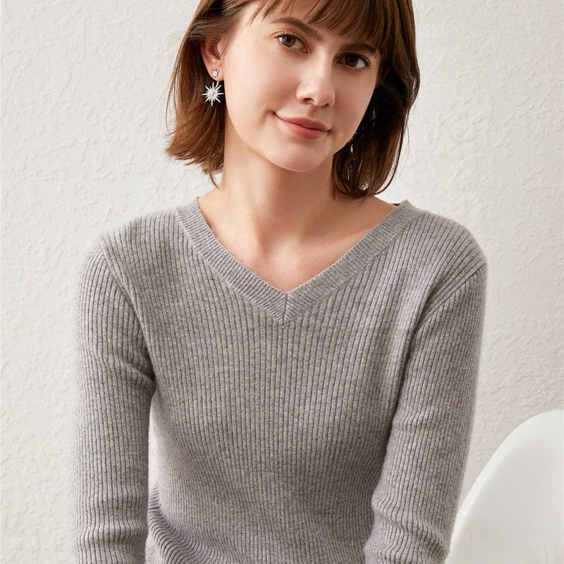 Women's V-Neck Sweater Slim-Fit Low Collar Knitwear Pullover Short Base Shirt Long Sleeve Heart