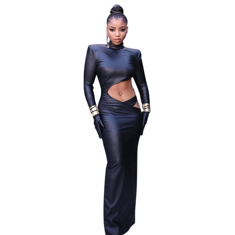 Women's Winter Clothing Trends 2023 Sexy Pu Dress High Neck Long Sleeves Party Dress Africa Clothing