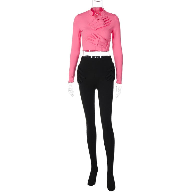 Women Set 2023 New Arrivals Women Autumn Long Pants Slim Solid Color Crop Tops Two piece Set