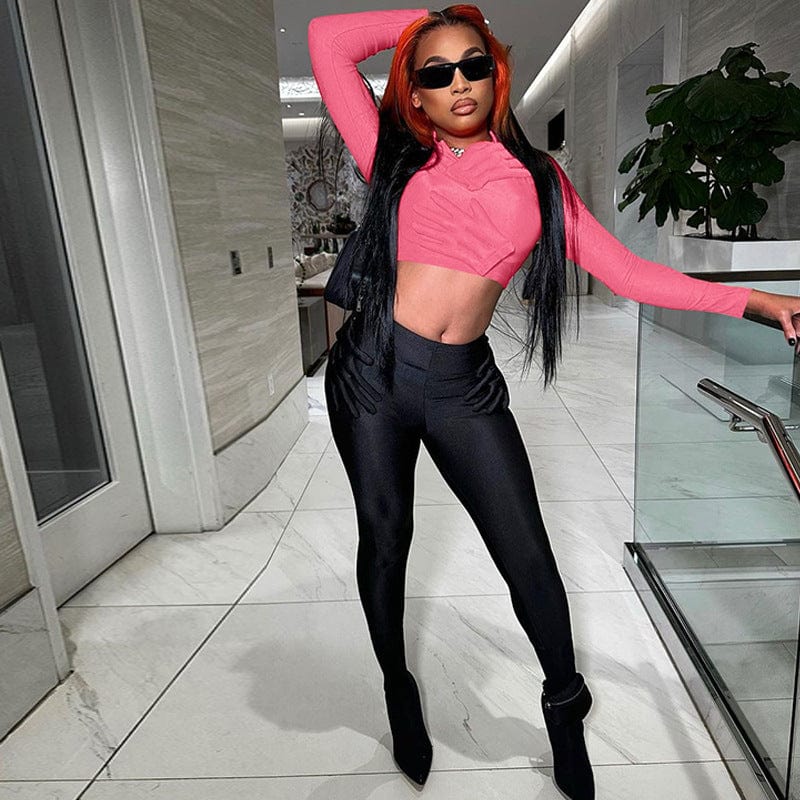 Women Set 2023 New Arrivals Women Autumn Long Pants Slim Solid Color Crop Tops Two piece Set