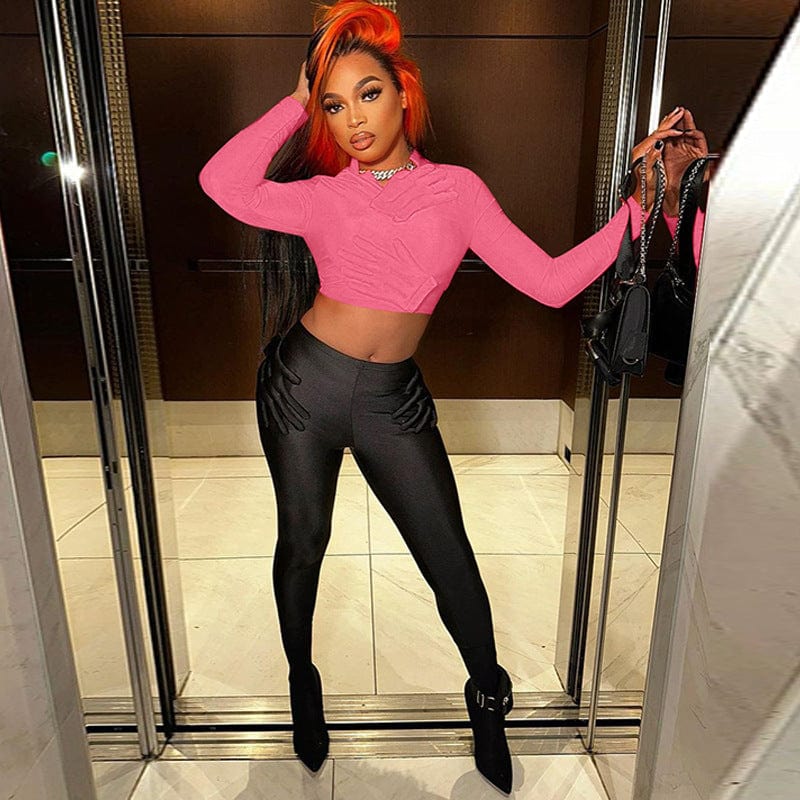 Women Set 2023 New Arrivals Women Autumn Long Pants Slim Solid Color Crop Tops Two piece Set