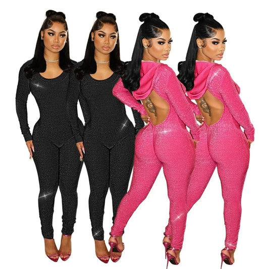 women sexy black shiny glossy stretchy one piece long sleeve pants hoodie jumpsuit full length club clothing with hoodie