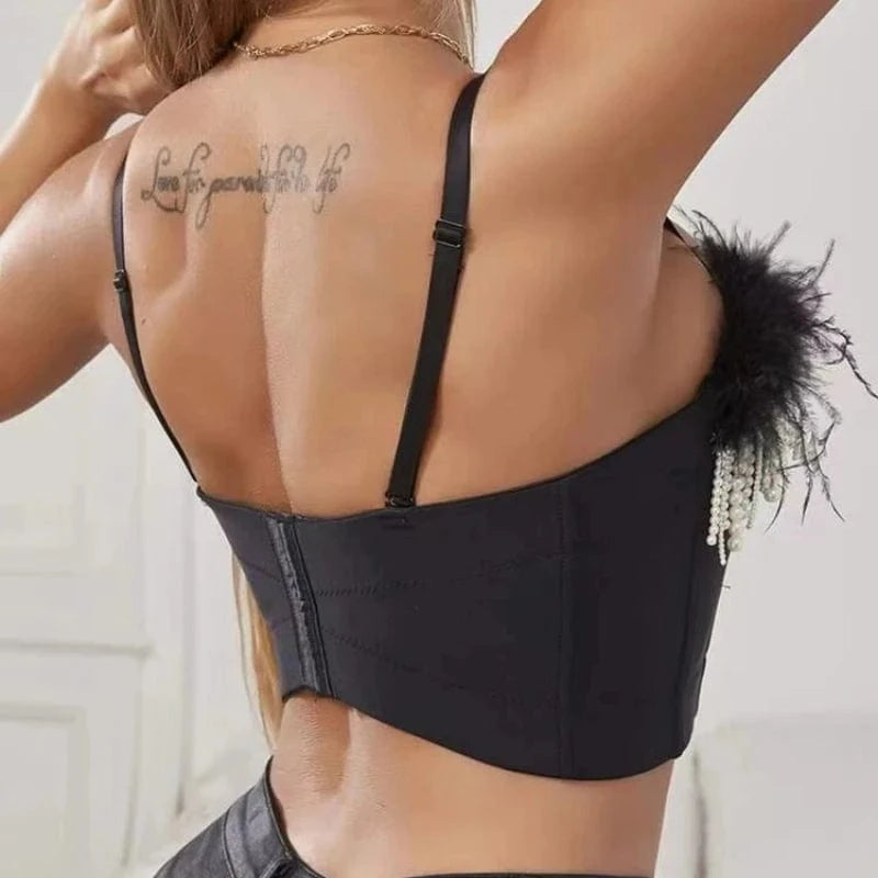 Women Sexy Nail bead embroidery Feathers spaghetti strap camisole tops teen girls Camisoles for Girls