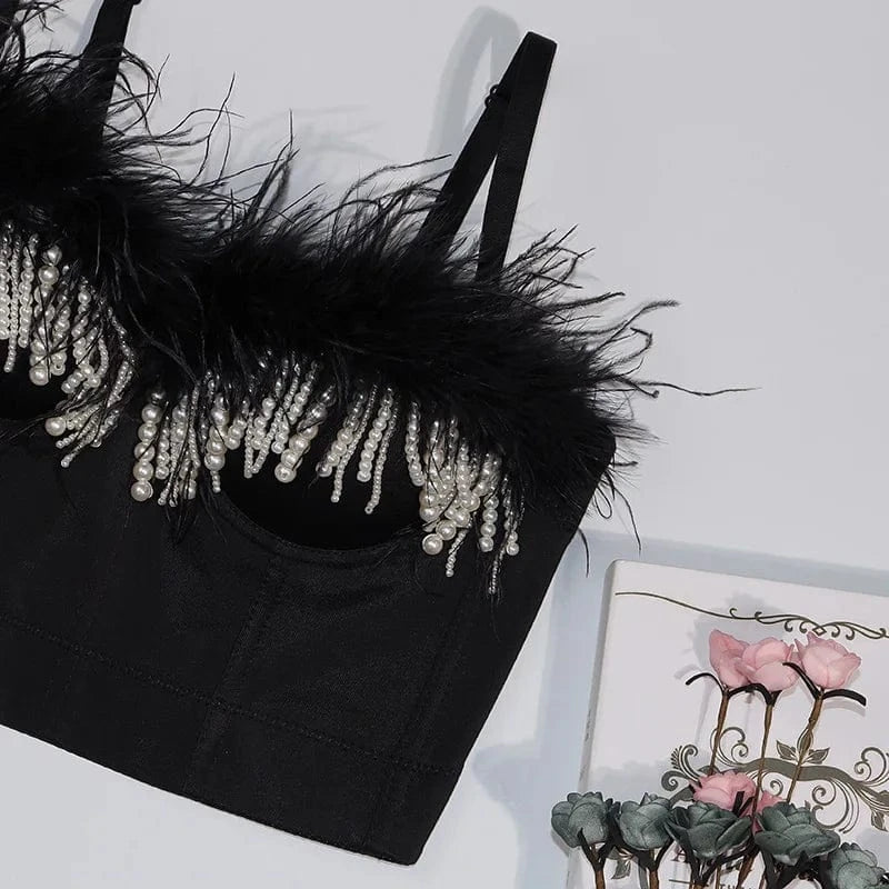 Women Sexy Nail bead embroidery Feathers spaghetti strap camisole tops teen girls Camisoles for Girls