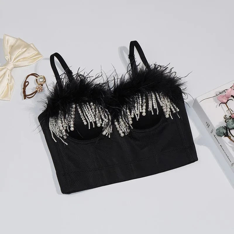 Women Sexy Nail bead embroidery Feathers spaghetti strap camisole tops teen girls Camisoles for Girls