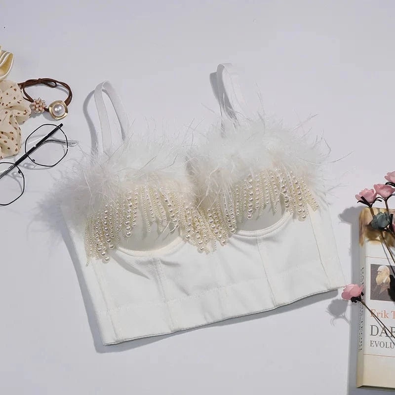 Women Sexy Nail bead embroidery Feathers spaghetti strap camisole tops teen girls Camisoles for Girls