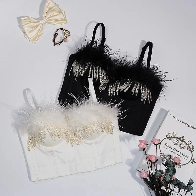 Women Sexy Nail bead embroidery Feathers spaghetti strap camisole tops teen girls Camisoles for Girls