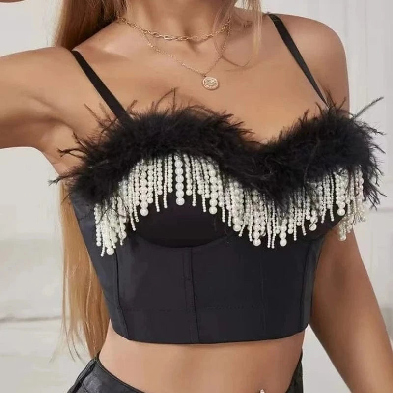 Women Sexy Nail bead embroidery Feathers spaghetti strap camisole tops teen girls Camisoles for Girls