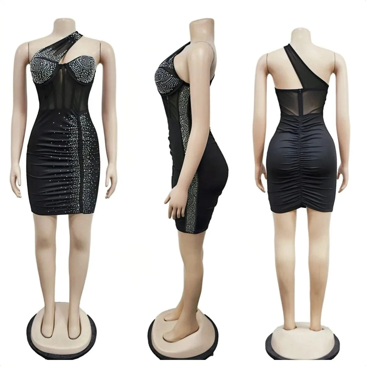 Women Sexy Rhinestone Skinny Dress Lady Summer Party Club Outfit Asymmetric One Shoulder Pleated Mini Dress