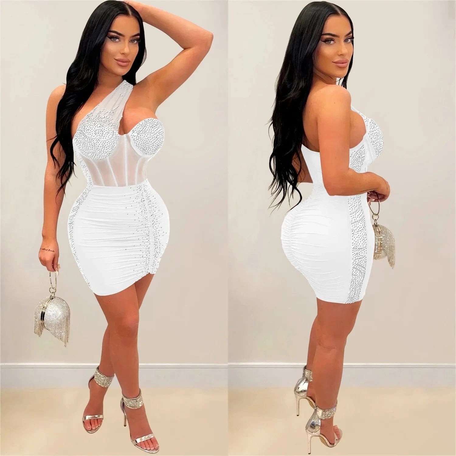 Women Sexy Rhinestone Skinny Dress Lady Summer Party Club Outfit Asymmetric One Shoulder Pleated Mini Dress