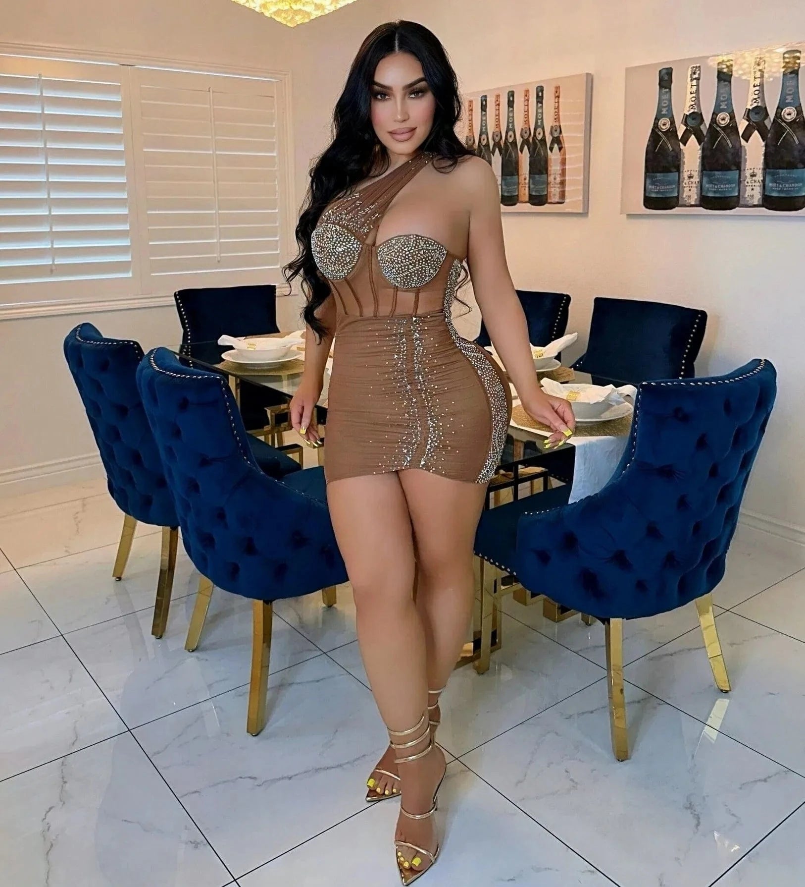 Women Sexy Rhinestone Skinny Dress Lady Summer Party Club Outfit Asymmetric One Shoulder Pleated Mini Dress