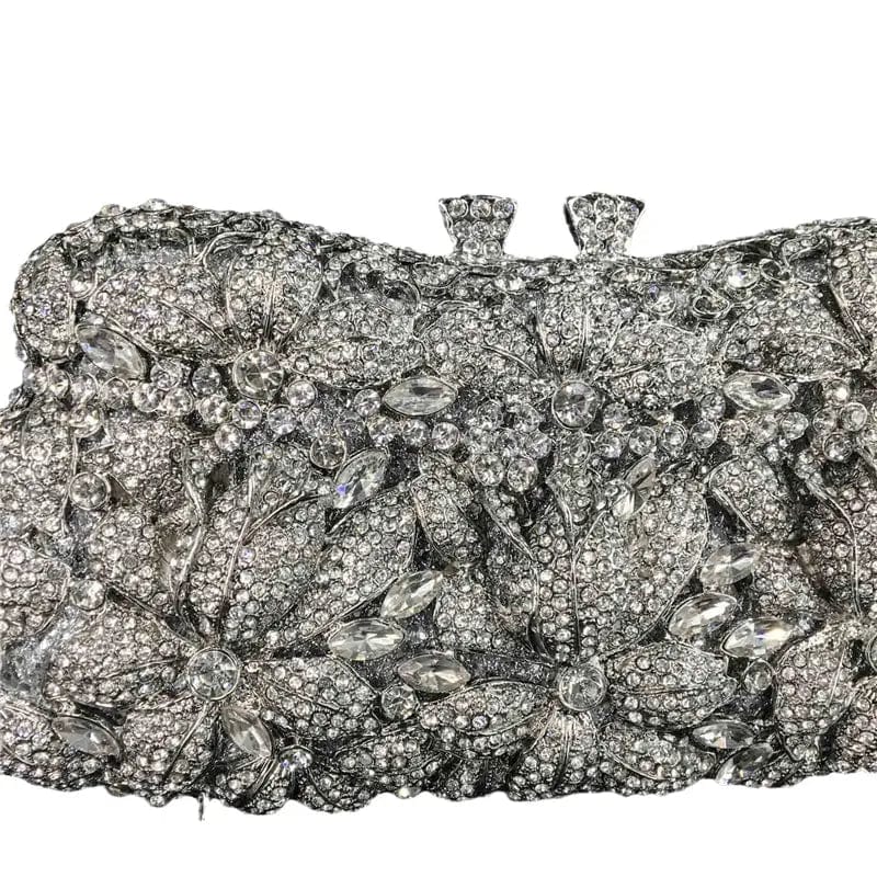 Women Silver Evening Purses and Handbags Wedding Party Dinner Crystal Flower Clutch Bags Minaudiere Bag