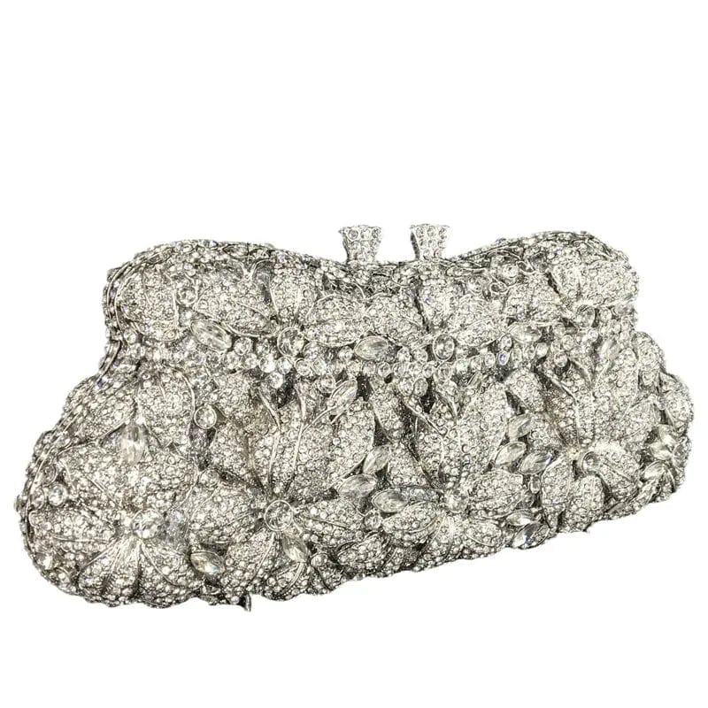 Women Silver Evening Purses and Handbags Wedding Party Dinner Crystal Flower Clutch Bags Minaudiere Bag
