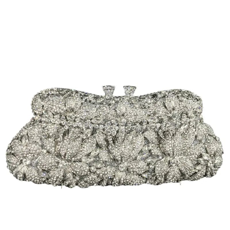 Women Silver Evening Purses and Handbags Wedding Party Dinner Crystal Flower Clutch Bags Minaudiere Bag