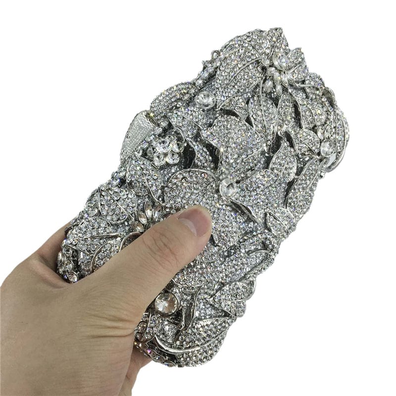 Women Silver Evening Purses and Handbags Wedding Party Dinner Crystal Flower Clutch Bags Minaudiere Bag
