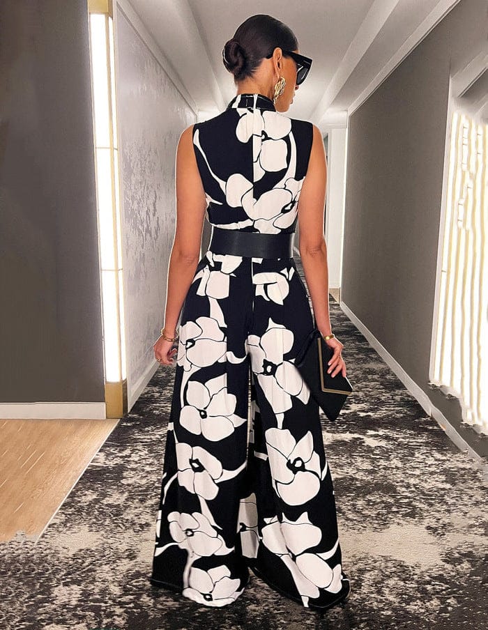 women sleeveless printed wide leg casual jumpsuit